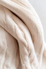 Poster - A soft beige knit fabric showcases a delicate cable pattern, gently draped to create inviting folds, adding warmth and depth to the cozy atmosphere in a serene environment