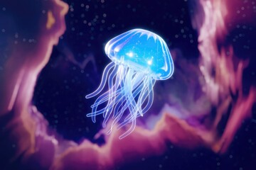 Poster - A bioluminescent jellyfish gracefully floats in a vibrant nebula, its tentacles trailing ethereal light.