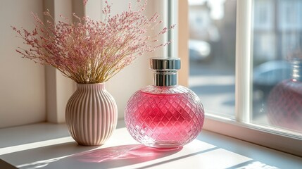 Wall Mural - Pink perfume bottle and dried flowers by windowsill, sunlight