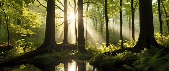  A serene woodland scene filled with gentle sunlight illuminating vibrant foliage inviting moments of reflection among the trees