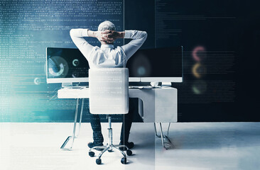 Aufkleber - Back, data and overlay with business man in studio for investment or stock market trading. Computer screen, relax and statistics with financial broker or trading at desk for portfolio management