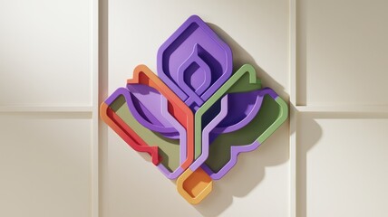 Poster - Abstract colorful 3D flower design on a white wall, showcasing vibrant hues and intricate layers.