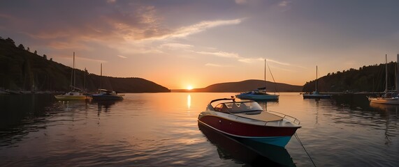 Fototapete - A serene sunset over a tranquil bay where colorful boats rock gently on the water inviting relaxation and reflection in natures embrace