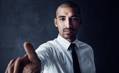 Fototapete - Cyberspace, fingerprint and interface with business man on black background for connection. Biometrics, metaverse and virtual reality with user in dark for cloud computing or futuristic networking