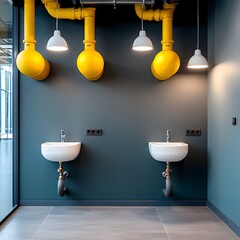 Poster - Minimalist and industrial inspired home interior design featuring exposed plumbing and piping systems  a modern monochromatic color palette  clean lines  sharp edges