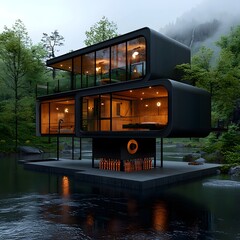 Poster - minimalist and modern glass house with sleek transparent facade exposing vital underground piping se