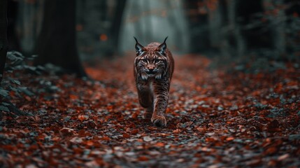 Lynx hunting in autumn forest wildlife photography natural habitat close-up view predatory behavior