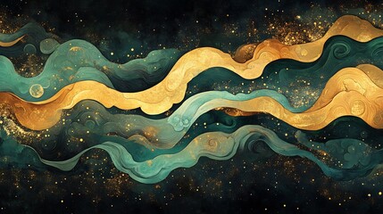 Wall Mural - Abstract Gold Teal Waves Dark Background. AI Generated