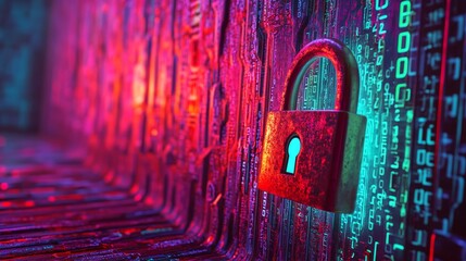 Poster - Cybersecurity data protection technology is showcased with an internet connection and online network, in the middle of which is a prominent shield, flanked by binary code polygons and icons