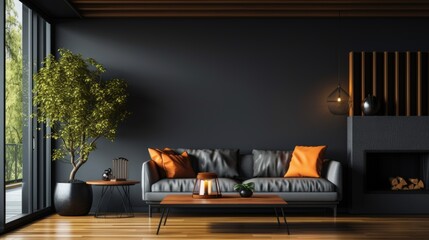 Poster - modern dark home interior design with cozy sofa and elegant decor elements in a stylish living space