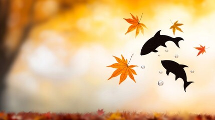 Wall Mural - A couple of dolphins jumping out of the water surrounded by leaves