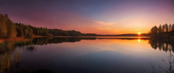 Wall Mural - A picturesque scene of a sunset over a quiet lake reflecting vivid colors in still waters inviting reflections of tranquility and peace