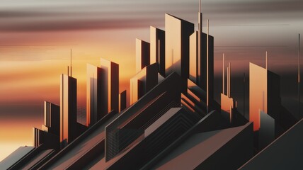 Aufkleber - Geometric cityscape at sunset, angular buildings, abstract urban scene.