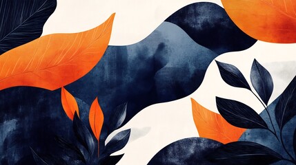 Wall Mural - Abstract Navy Orange Leaves Watercolor Design. AI Generated