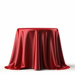 Poster - Red Table Covered with Velvet Cloth in Spotlight on Pedestal Against Plain White Background Ideal for Displays and Showcases