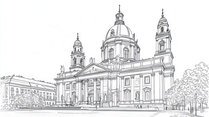 Wall Mural - Cathedral architectural sketch, city square, trees, urban landscape, design