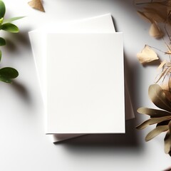 Poster - Minimalistic White Paper Card Set on a Neutral Background with Green Leaves and Natural Elements for Design Projects and Stationery
