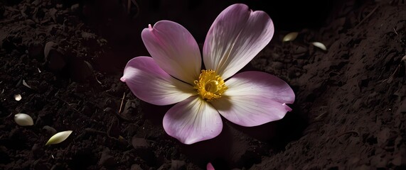 Wall Mural - a macroshot revealing delicate flower petals cradled in dark soil inviting reflections on natures qu
