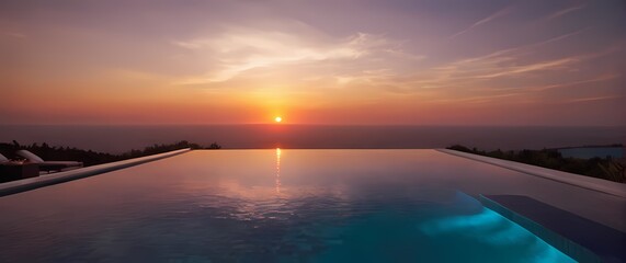 Wall Mural - A luxurious infinity pool overlooking a stunning sunset view the horizon set ablaze with colors inviting pure tranquility and relaxation