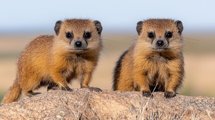 Wall Mural - Two small brown animals standing on top of a rock