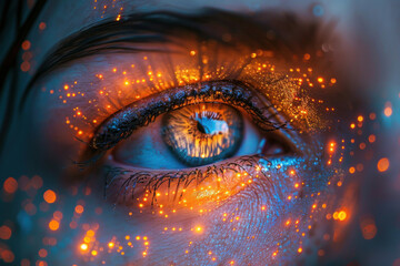 Poster - close-up of a human eye. The eye is expressed in bright and rich shades, blue and orange.  