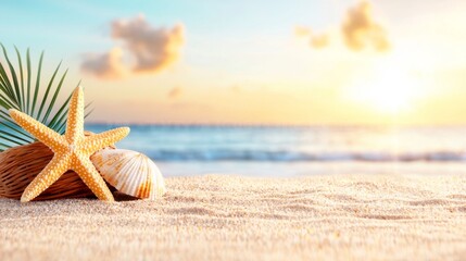 Poster - A starfish and a shell on the beach at sunset