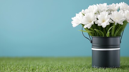 Wall Mural - A black bucket filled with white flowers sitting on top of a lush green field