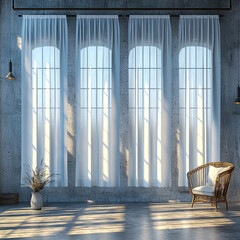 Wall Mural - Sunlight streams through sheer curtains in a loft-like space with a concrete wall and floor.