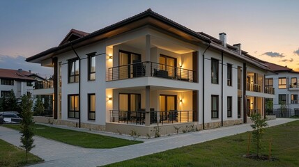 Aufkleber - Modern residential buildings stand gracefully at sunset, their warm lights glowing against the twilight sky. Lush greenery surrounds the elegant structures, inviting serenity and comfort