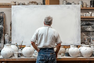 Aufkleber - Artist prepares to create a new masterpiece in a bright, organized studio surrounded by art supplies and white ceramic pots