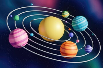 Poster - A stylized solar system with colorful planets orbiting a central yellow star.