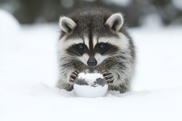 Aufkleber - Raccoon interacts playfully with a shiny ball in the snow-covered forest during winter