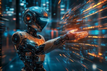 Poster - Futuristic robot displaying holographic data in a high-tech urban environment at night
