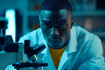 Poster - Young researcher focused on experiments in a modern laboratory under artificial lighting