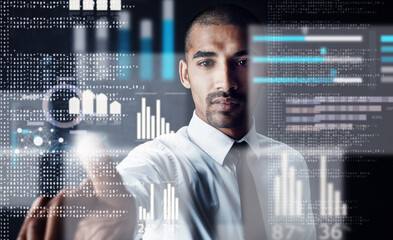 Fototapete - Overlay, click and man in office for finance, data analysis and business intelligence at night. Future tech, hologram and investor in dark agency for economy research, investment selection and choice