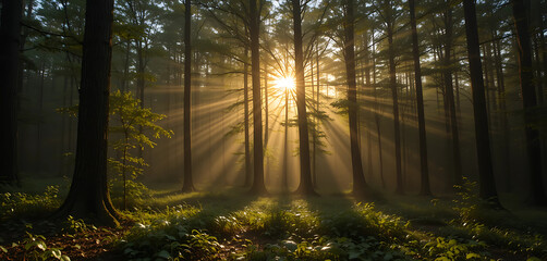  The first light of dawn filtering through the trees in a forest, casting long shadows and illuminating the dew-covered foliage.
