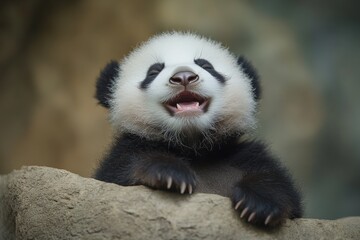 Poster - Baby panda joyfully playing on a rock at a wildlife sanctuary during daylight hours
