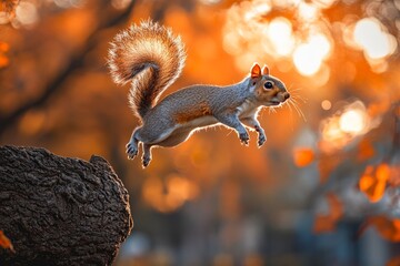 Poster - Squirrel leaps from tree trunk with autumn foliage in the background at sunset in a park