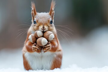 Poster - Squirrel collecting acorns in winter forest while holding multiple nuts in paws