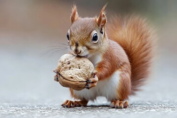 Poster - Cute squirrel holds a walnut in its paws while sitting on the ground in a natural setting during daylight hours