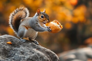 Poster - Squirrel joyfully holds a piece of food while perched on a rock in a forest during autumn