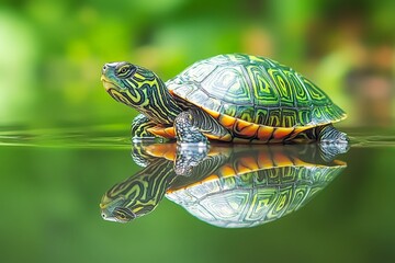 Poster - Colorful turtle swimming in tranquil water reflecting vibrant foliage under sunlight