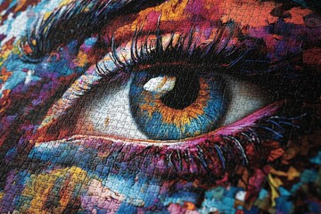 Aufkleber - Colorful puzzle depicting a detailed eye surrounded by vibrant abstract patterns and textures