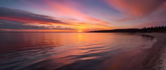 Fototapete - A colorful sunset sky reflecting off calm waters inviting viewers to embrace the beauty of moments spent along the shore