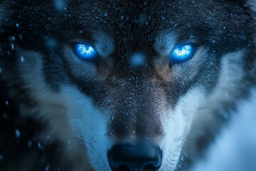 Poster - Wolf with glowing blue eyes staring intensely in a snowy environment during twilight