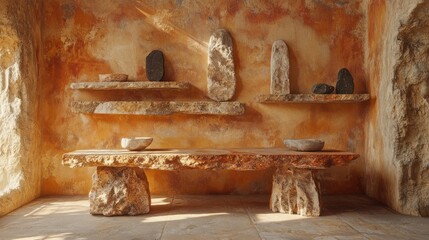 Wall Mural - Rustic stone shelves and table in sunlit room