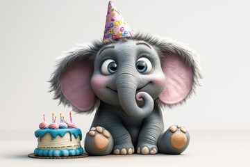 Cute cartoon elephant with a party hat celebrating a birthday with a colorful cake and candles in a bright indoor setting