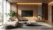 © AdibaZR - Modern living room design, sunlight, wooden wall, relaxation