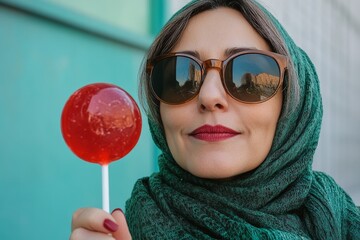 Wall Mural - Woman wearing sunglasses holds a red candy lollipop with a cityscape reflected in her glasses against a green background