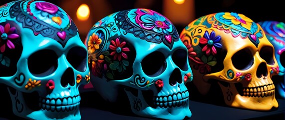 A closeup of intricately designed sugar skulls adorned with vibrant colors inviting celebration of culture and remembrance with beautiful artistry